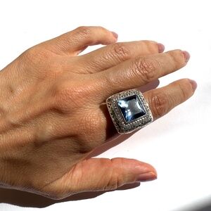John Hardy Batu Sari Blue Topaz Diamond Large Gold Sterling Silver Ring